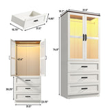 75" Tall Farmhouse 2 Doors Armoire Wardrobe Closet with 3 Drawers and LED,Freestanding Closet Wardrobe Cabinet for Bedroom with Hanging Rod,Wooden Armoire Storage Cabinet Adjustable(Rustic Off White) Hlivelood