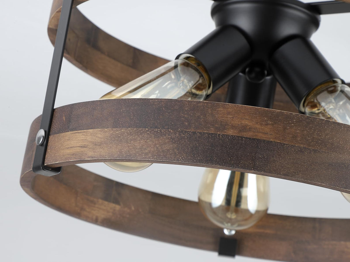 3-Light Rustic Farmhouse Wood Flush Mount Ceiling Light Fixture Oak Wood Round Drum Semi Flush Mount Ceiling Light for Hallway Hall Entry Bedroom Farmhouse Indoor, Black RKUCSR