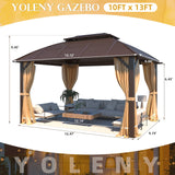 YOLENY 10' x 13' Hardtop Gazebo with Galvanized Steel Roof, Double Arc Roof Gazebo with Aluminum Frame, Outdoor Gazebo with Curtain&Netting, Sunshade for Gardens, Lawns, Deck YOLENY