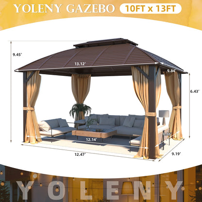 YOLENY 10' x 13' Hardtop Gazebo with Galvanized Steel Roof, Double Arc Roof Gazebo with Aluminum Frame, Outdoor Gazebo with Curtain&Netting, Sunshade for Gardens, Lawns, Deck - WoodArtSupply