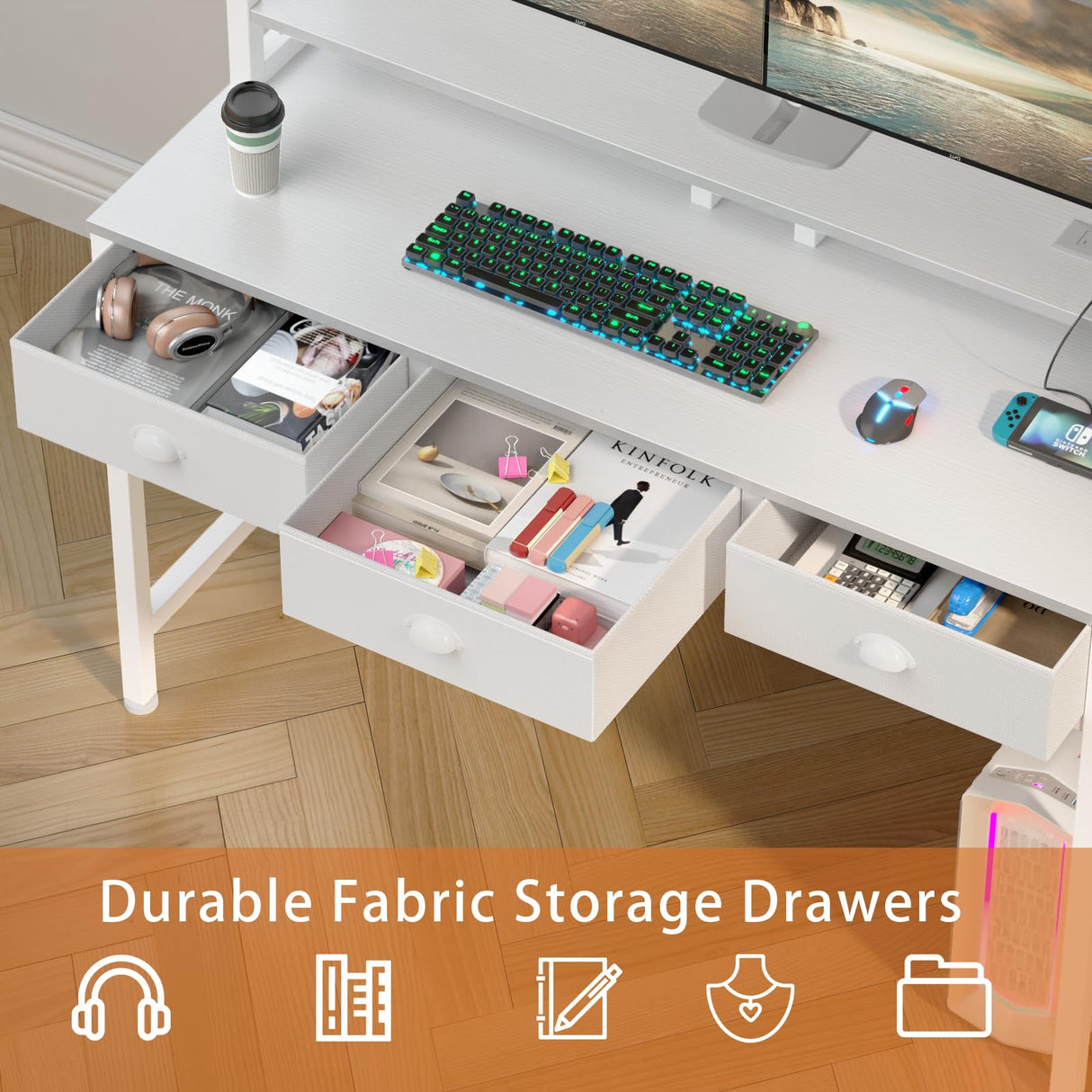 Furologee Computer Desk with 3 Drawers, 47 Inch Home Office Desks with Power Outlet and LED Light, Gaming Desk with Monitor Stand and Hutch, Modern Work/Writing/Study Table for Bedroom, White Furologee