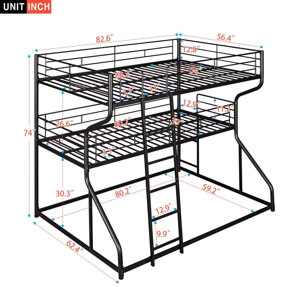 JIJIWANG Full XL Over Twin XL Over Queen Size Triple Bunk Bed with Long and Short Ladder, Unique Curved Metal Frame with Safety Guardrail, Industrial Style Triple Bunk Bed Frame, Black