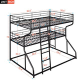 JIJIWANG Full XL Over Twin XL Over Queen Size Triple Bunk Bed with Long and Short Ladder, Unique Curved Metal Frame with Safety Guardrail, Industrial Style Triple Bunk Bed Frame, Black JIJIWANG