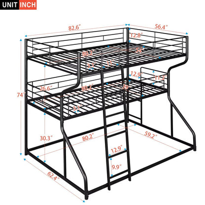 JIJIWANG Full XL Over Twin XL Over Queen Size Triple Bunk Bed with Long and Short Ladder, Unique Curved Metal Frame with Safety Guardrail, Industrial Style Triple Bunk Bed Frame, Black