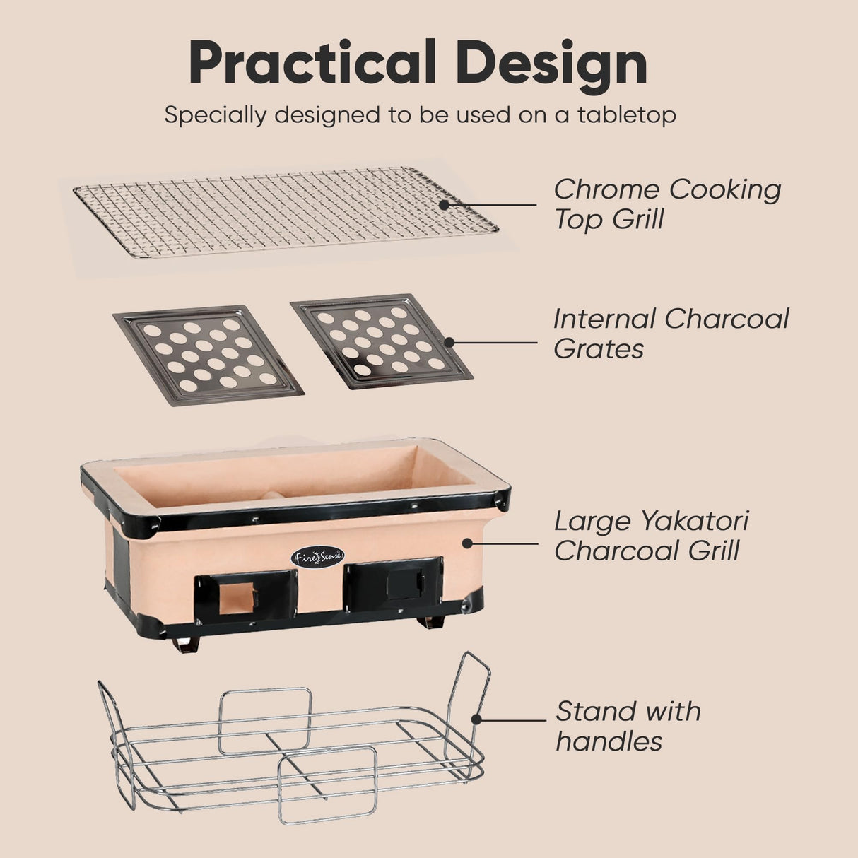 Fire Sense 60450 Yakatori Internal Grates Charcoal Chrome Cooking Grill Japanese Table BBQ Handmade Using Clay Adjustable Ventilation For Outdoor Barbecues Camping Traveling - Large - Tan Fire Sense