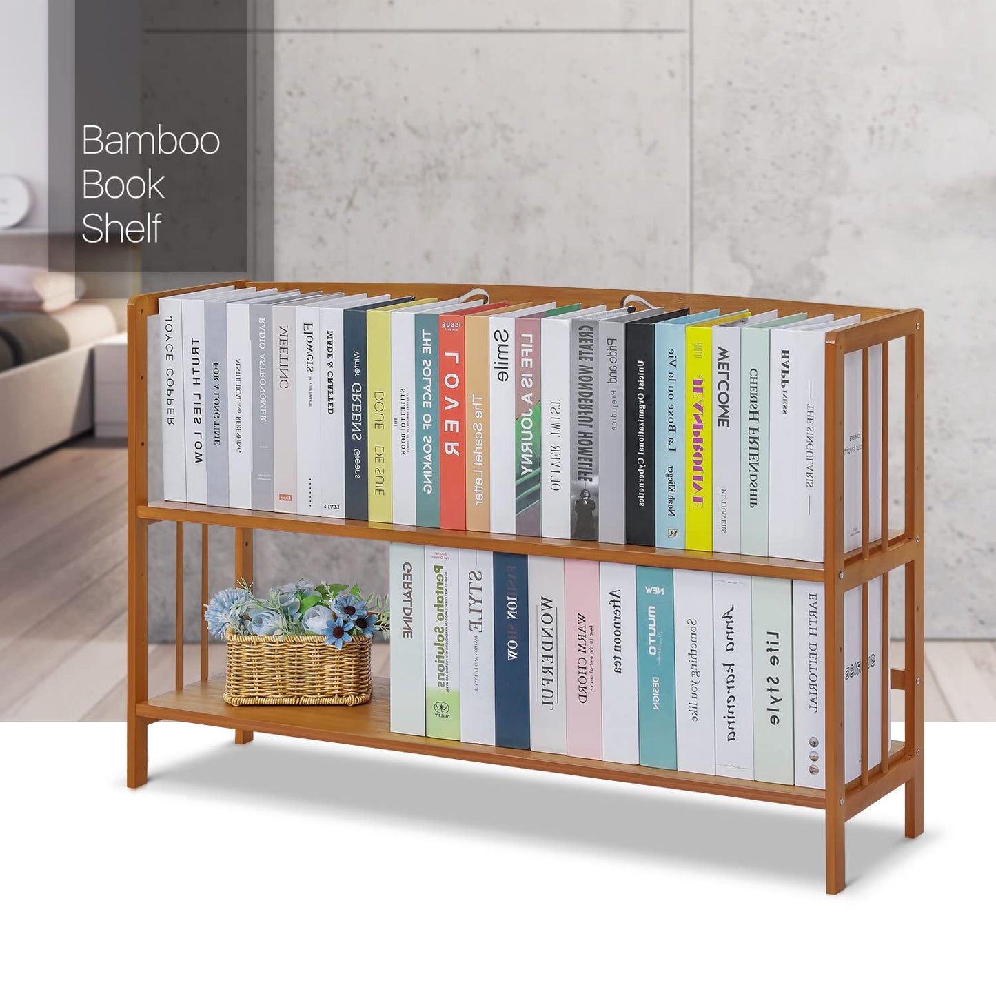 MoNiBloom 2-Tier Bookshelf,Bamboo Bookcase Storage Organizer Plant Flower Stand for Table Living Room Bathroom Bedroom Balcony Garden, Natural