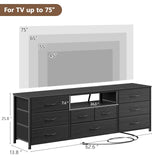 Furnulem 9 Drawer Dresser, 63” Long TV Stand for Bedroom, Entertainment Center with Power Outlet & LED Light for 65"-75" TV, Black Dresser with Fabric Storage Drawers for Closet Furnulem