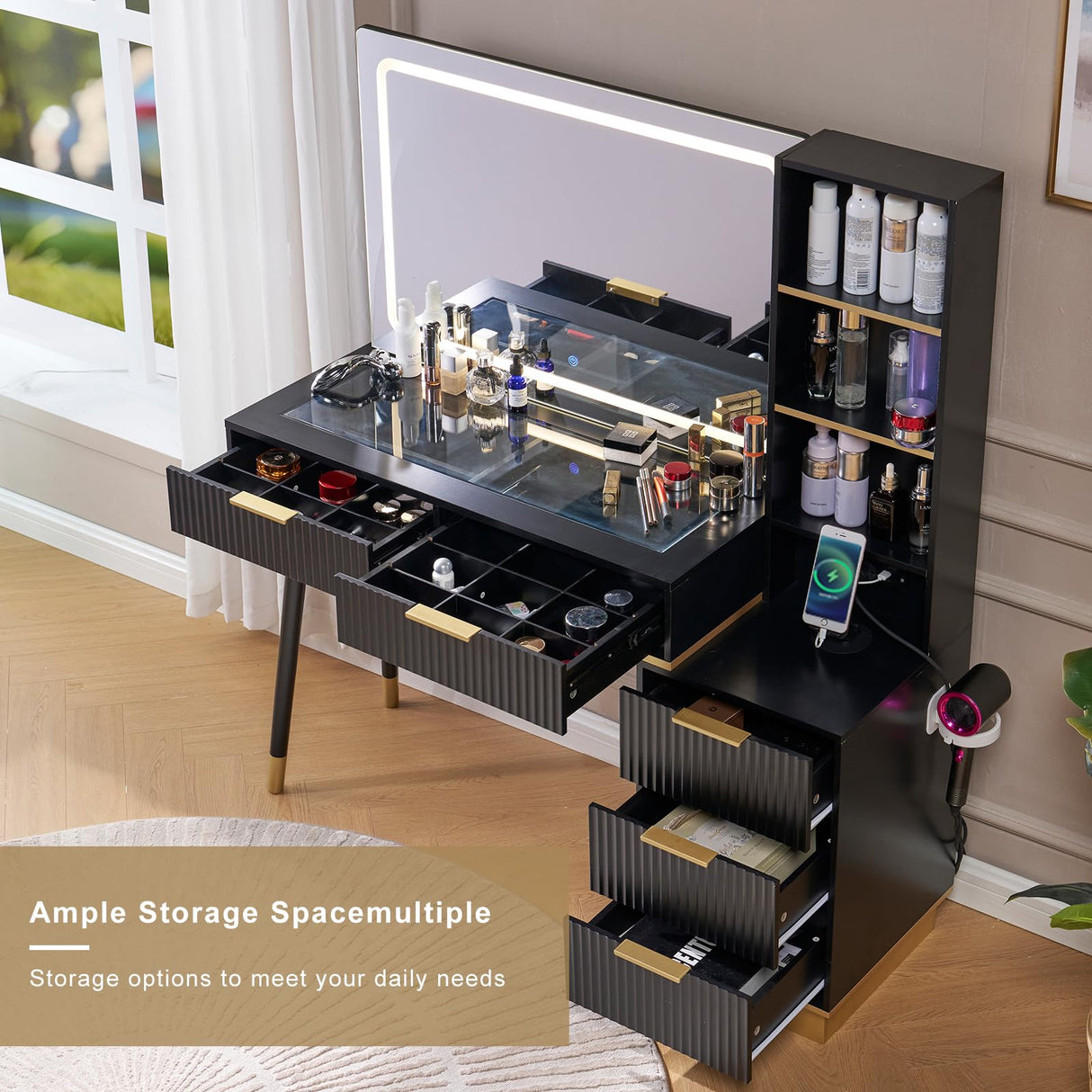 LUXOAK 54" Tall Vanity Desk with 35" W x 24" H Large Mirror and Lights, Large Makeup Vanity Table with 5 Drawers, 3 Shelves and Charging Station, Glass Top Desk for Bedroom, Dressing Room, Black LUXOAK