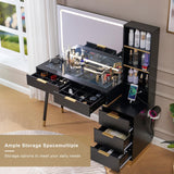 LUXOAK 54" Tall Vanity Desk with 35" W x 24" H Large Mirror and Lights, Large Makeup Vanity Table with 5 Drawers, 3 Shelves and Charging Station, Glass Top Desk for Bedroom, Dressing Room, Black LUXOAK