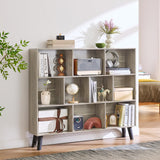LEYAOYAO 10 Cube Bookshelf,3 Tier Modern Wide Bookcase with Legs,Mid-Century Wood Bookshelves Storage，Retro Grey Large Book Case,Freestanding Organizer Display Shelf for Bedroom,Living Room,Office LEYAOYAO
