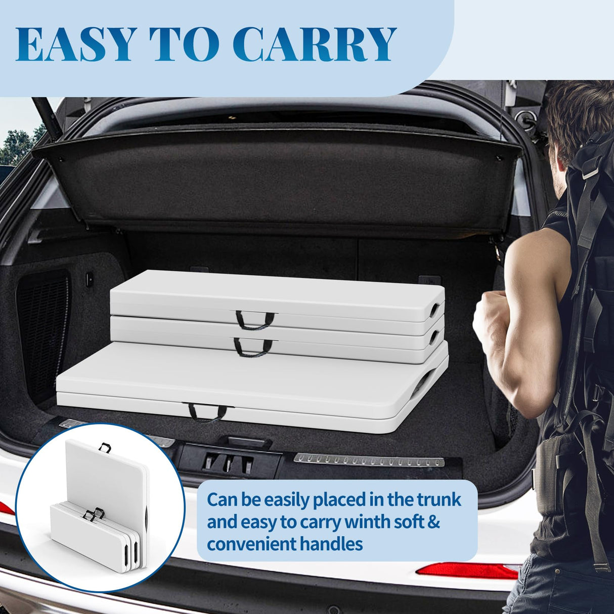 HLPB Folding Table Picnic Table Set, 6 ft Camping Table with 2 Benches, Outdoor Indoor Portable Folding Table for Working Meeting Parties, Camping, Picnic, Weddings w/Handle and Safety Locks, White HLPB