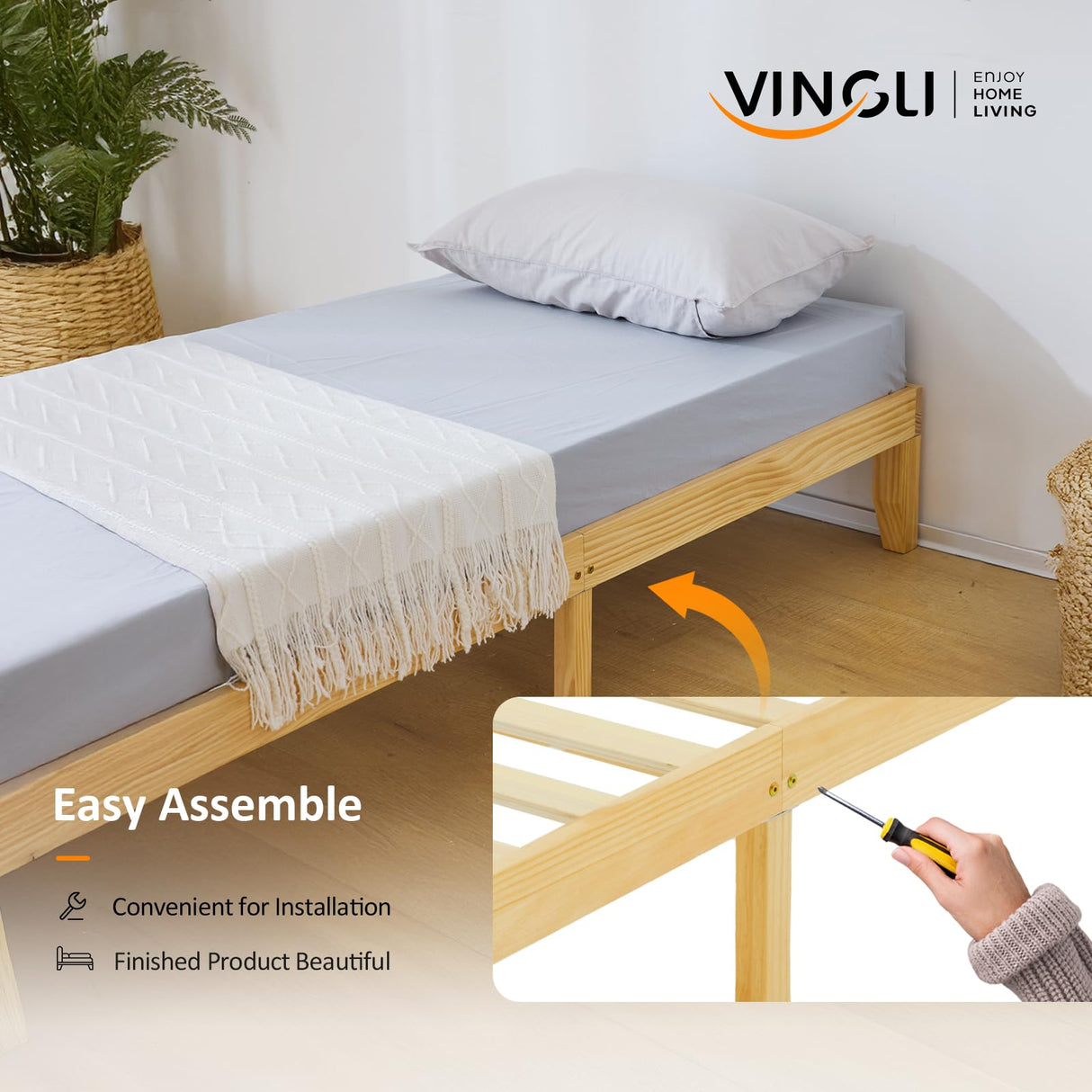 VINGLI 12 in Classic Twin Solid Wood Platform Bed Frame with Storage Space Underneath,Sturdy Wooden Bed Slat Support, Minimalist Design, No Box Spring Needed, Pine Mattress Foundation, Natural Oak VINGLI