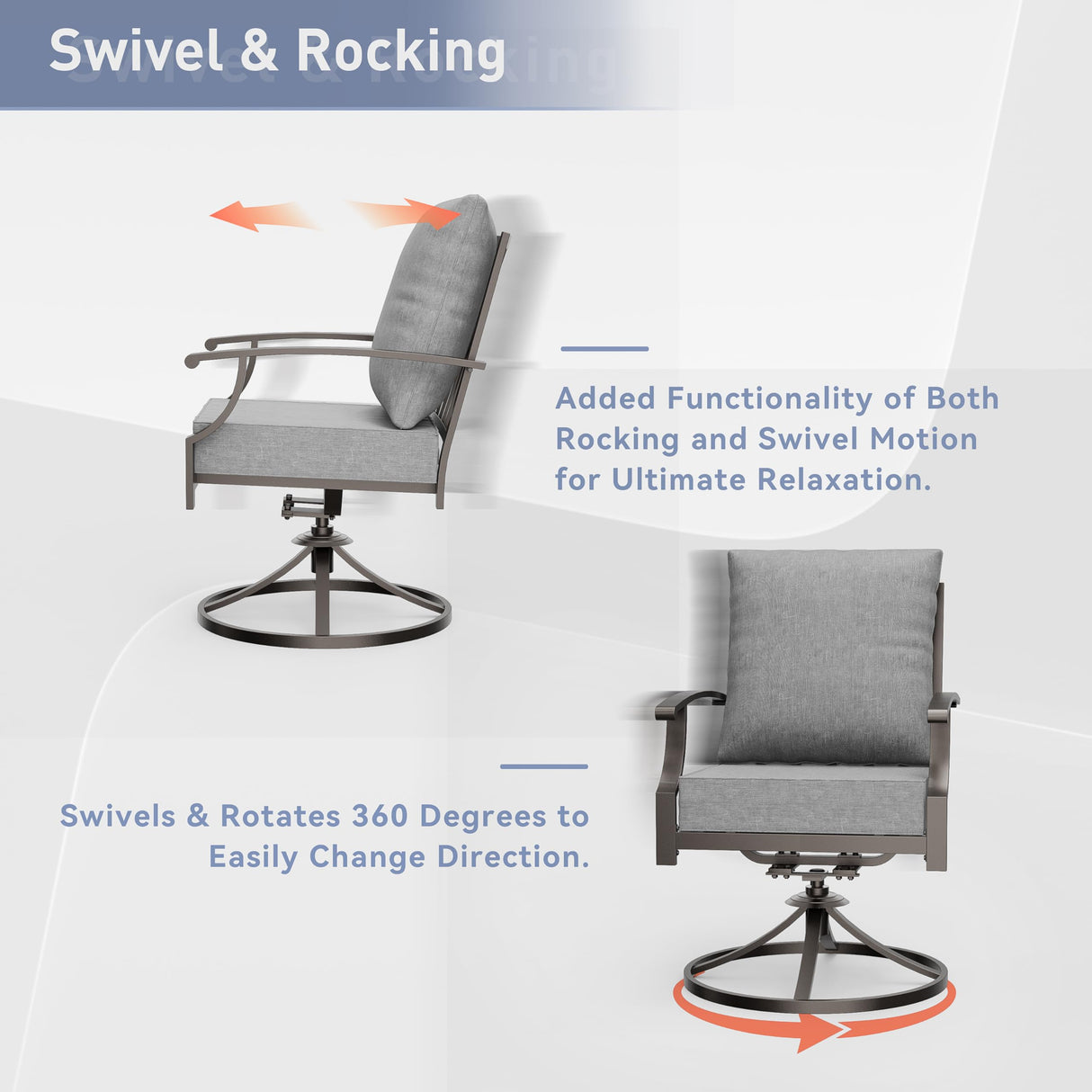 Kurapika 5 Piece Metal Outdoor Patio Furniture Set with Round Fire Pit Table, Patio Conversation Sets 4 Swivel Chairs with Thick Cushion and 40000 BTU Fire Pit Table, Gray Kurapika