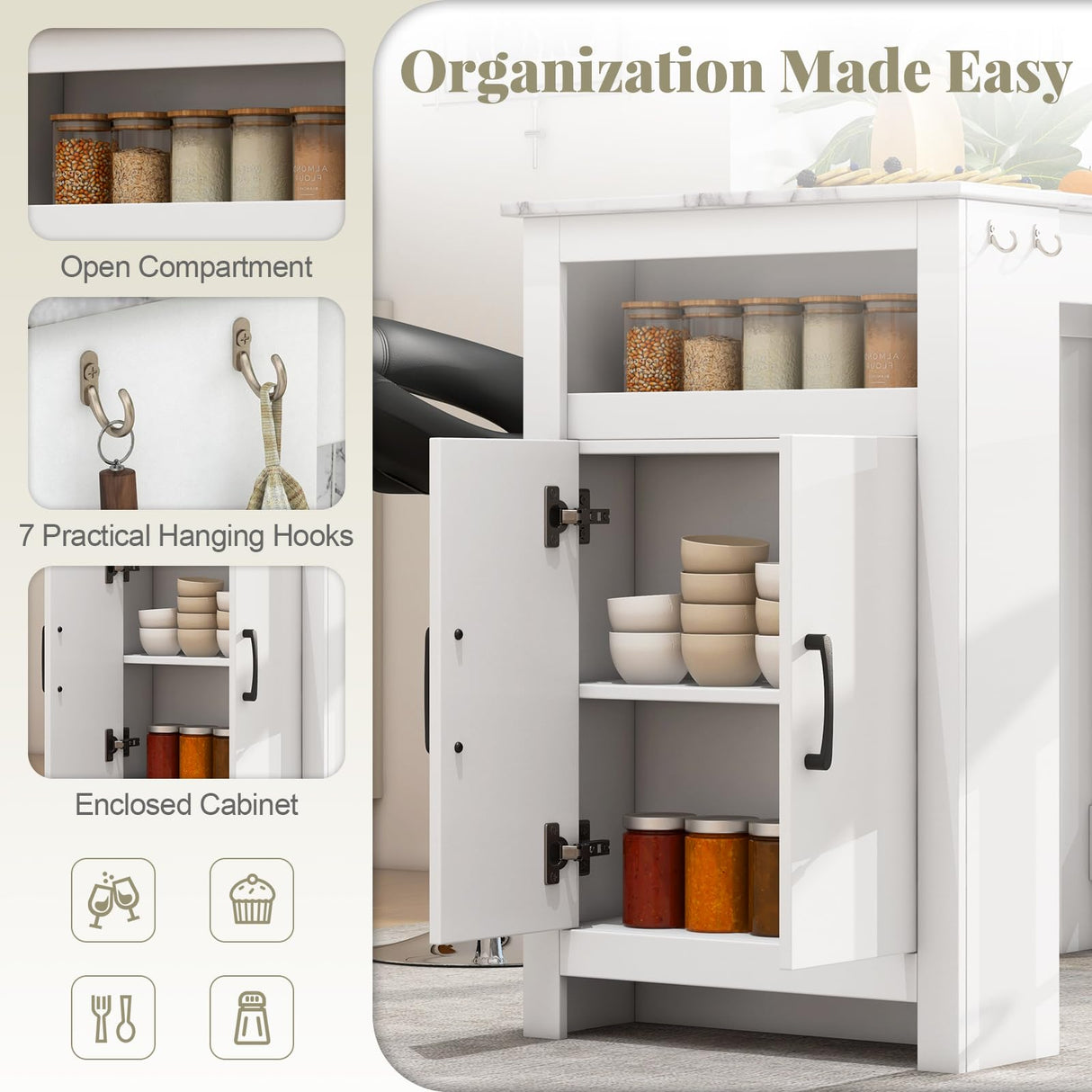 COSTWAY Bar Table, Modern Faux Marble Breakfast Table with 7 Hanging Hooks, Open Compartment, Storage Cabinet & Adjustable Shelf, Counter Height Dining Table for Kitchen, Dining Room, Living Room COSTWAY