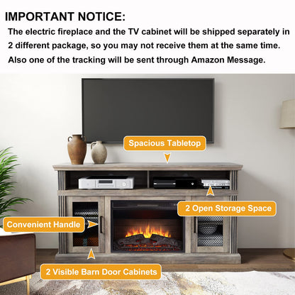 Cheerway 3D Fireplace TV Stand for TVs up to 65’’, Wooden Media Entertainment Center Table & TV Cabinets w/ 6 Storage Shelves & Barn Door, Electric Fireplace w/Remote Control & Adjustable Flame