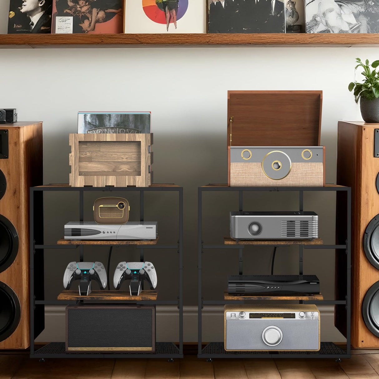 YBING 4-Tier AV Media Stand, Stereo Cabinet, Media Console with Charging Station, Record Player Stand, Corner TV Shelf, Brown YBING