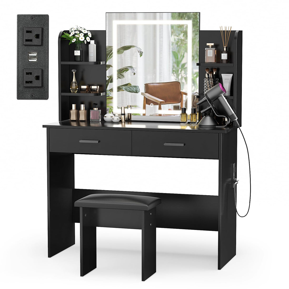 SMOOL Vanity with Lighted Mirror, Makeup Vanity Desk with Power Outlet, 3 Color Light Options Adjustable Brightness, Vanity Table with 6 Storage Shelves, 2 Large Drawers and Cushioned Stool, Black SMOOL