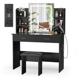 SMOOL Vanity with Lighted Mirror, Makeup Vanity Desk with Power Outlet, 3 Color Light Options Adjustable Brightness, Vanity Table with 6 Storage Shelves, 2 Large Drawers and Cushioned Stool, Black SMOOL