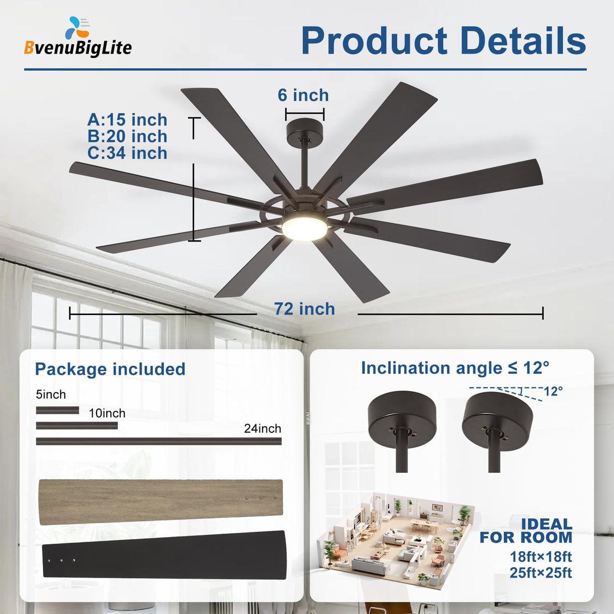 BvenuBigLite Large Ceiling Fans with Lights: Modern 72 Inch 8 Blade Outdoor Ceiling Fan with Remote APP Control - Dimmable Black Big Fan light Indoor Reversible 6 Speed Quiet DC Motor BvenuBigLite