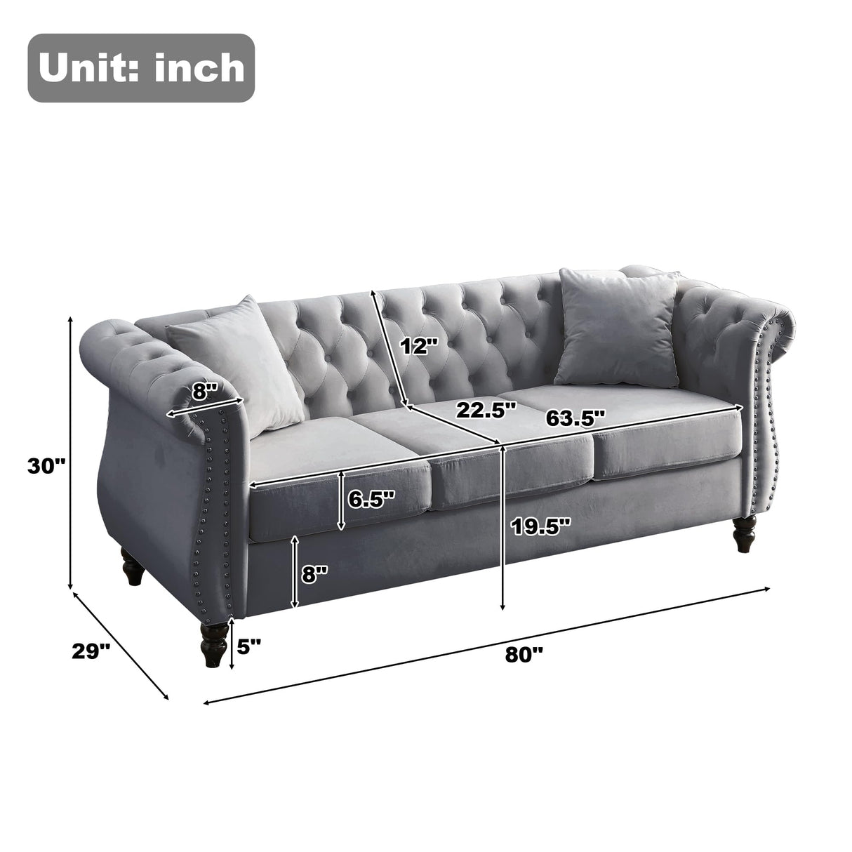 ATUMON 2 Piece Chesterfield Velvet 80“ 3-Seater and 59" Loveseat Sofa Set,Tufted Couch with 4 Pillows,Rolled Arms and Nailhead for Living Room, Bedroom, Office Grey ATUMON