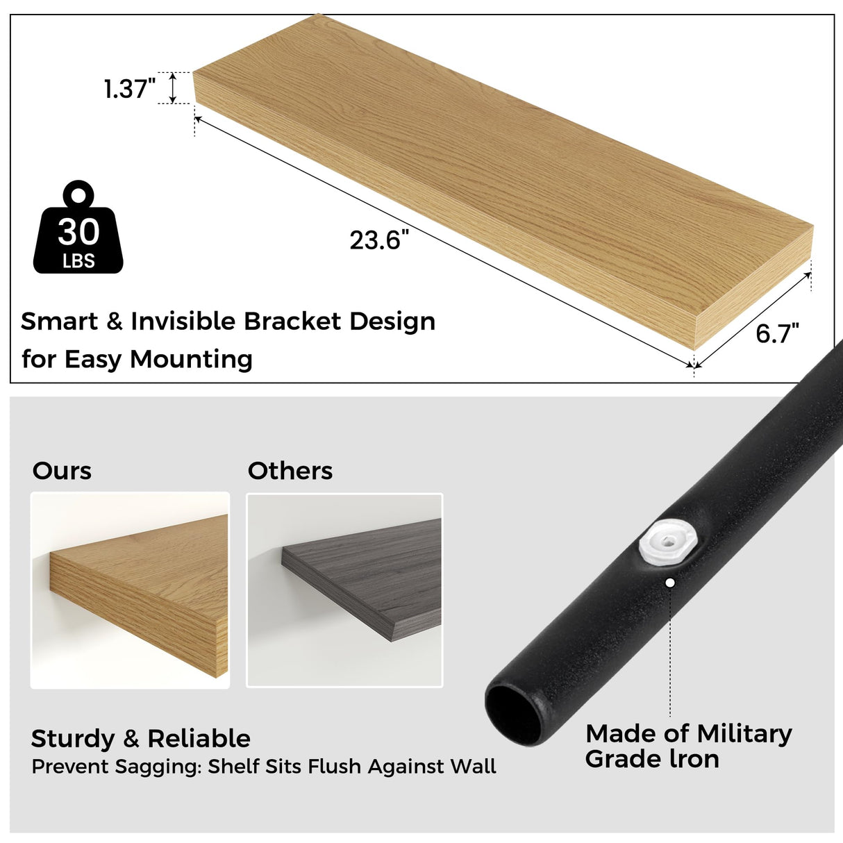 Floating Shelves for Wall, 24"W x 6.7"D x 1.4"H, 2 Pack of Long Wall Mounted Engineered Wood Shelves with Invisible Brackets for Living Room, Bedroom, Bathroom, Kitchen Decor and Storage, Oak Venusmiles