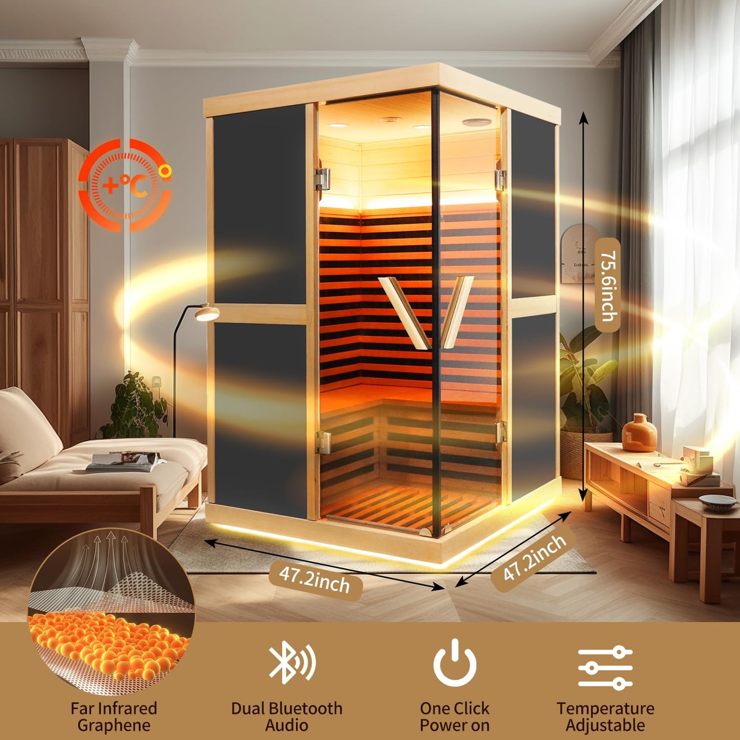 HOSAUNA Home Far Infrared 1980w Sauna, 2 Person Size Canadian Hemlock Wood Indoor Sauna Spa Center, remotely Controlled by APP