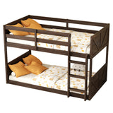 jurmiture Bunk Bed Twin Over Twin Low Bunk Bed, Floor Bunkbeds with Panelled Headboard and Footboard, Solid Rubber Wood Foundation with Safety Guardrails, Built-in Ladder, Antique Oak jurmiture