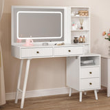 Fluted Makeup Vanity Desk with 36" Large Mirror and 3 Modes Adjustable Lights, 48" Big Modern Vanity Mirror with Lights and Charging Station, Vanity Table with Drawers and Solid Wood Legs for Bedroom HEYNEMO