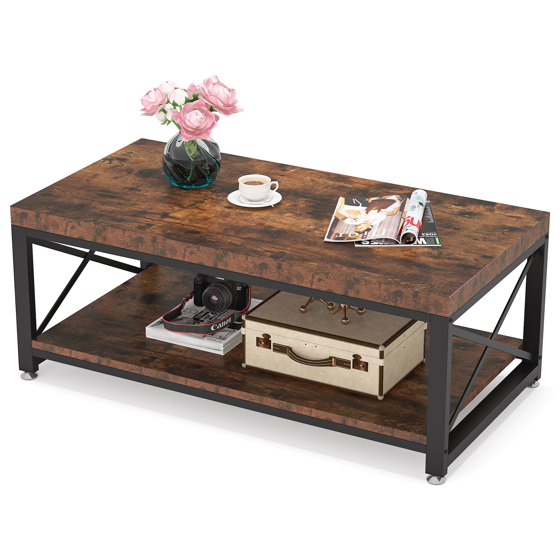 Tribesigns Industrial Coffee Table, 43 inch Cocktail Table with Storage Shelf for Living Room, 2 Tier Rectangle Center Table Tea Table with X-Shaped Steel Frame, Easy Assembly, Rustic Brown - WoodArtSupply