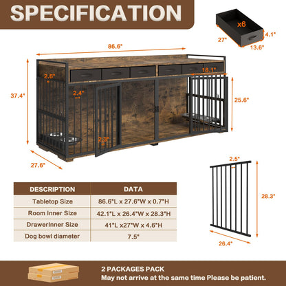 Large Dog Crate Furniture,86.6" Metal Frame Wooden Double Dog Kennel with 360°Adjustable Raised Feeder and Drawers for 2 Large/Medium/Small Dogs,Heavy-Duty Chew-Resistant,Rustic Brown - WoodArtSupply