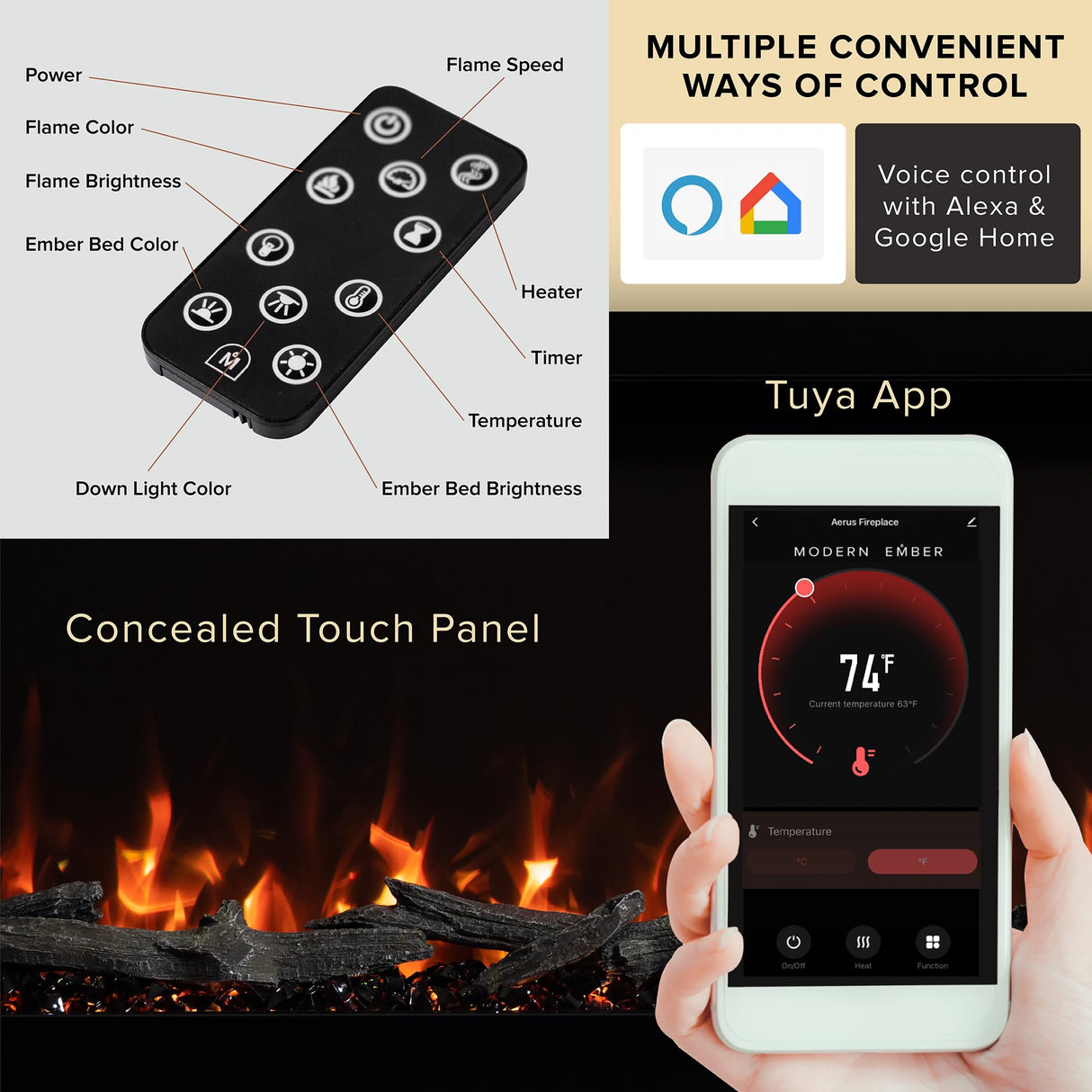 Modern Ember Highmark 72 Inch Smart Linear Electric Fireplace - Premium Flame with 10 Colors, Sleek Hidden Vent Design, Install Recessed in-Wall or Wall-Mount, WiFi and Voice-Enabled Modern Ember