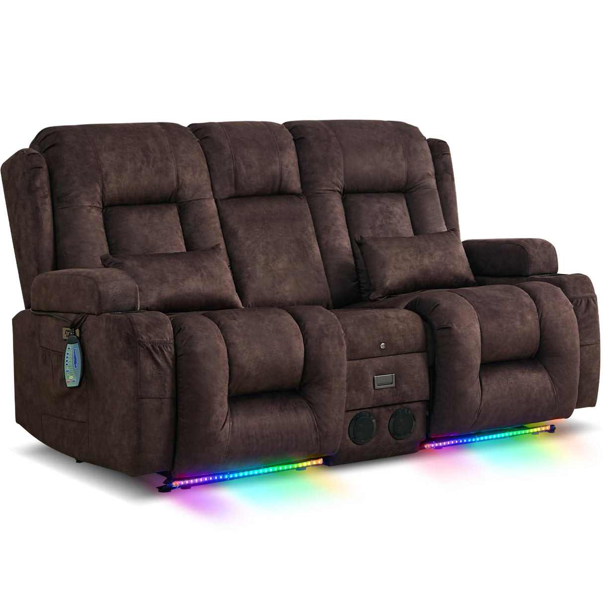 URRED Power Reclining Loveseat Sofa with Console, RV Couch Loveseat Recliner Sofa with Massage & Heat, LED Light, Cupholders, Bluetooth Speakers, USB Charge Ports, Outlets, Velvet, Brown URRED