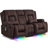 URRED Power Reclining Loveseat Sofa with Console, RV Couch Loveseat Recliner Sofa with Massage & Heat, LED Light, Cupholders, Bluetooth Speakers, USB Charge Ports, Outlets, Velvet, Brown URRED