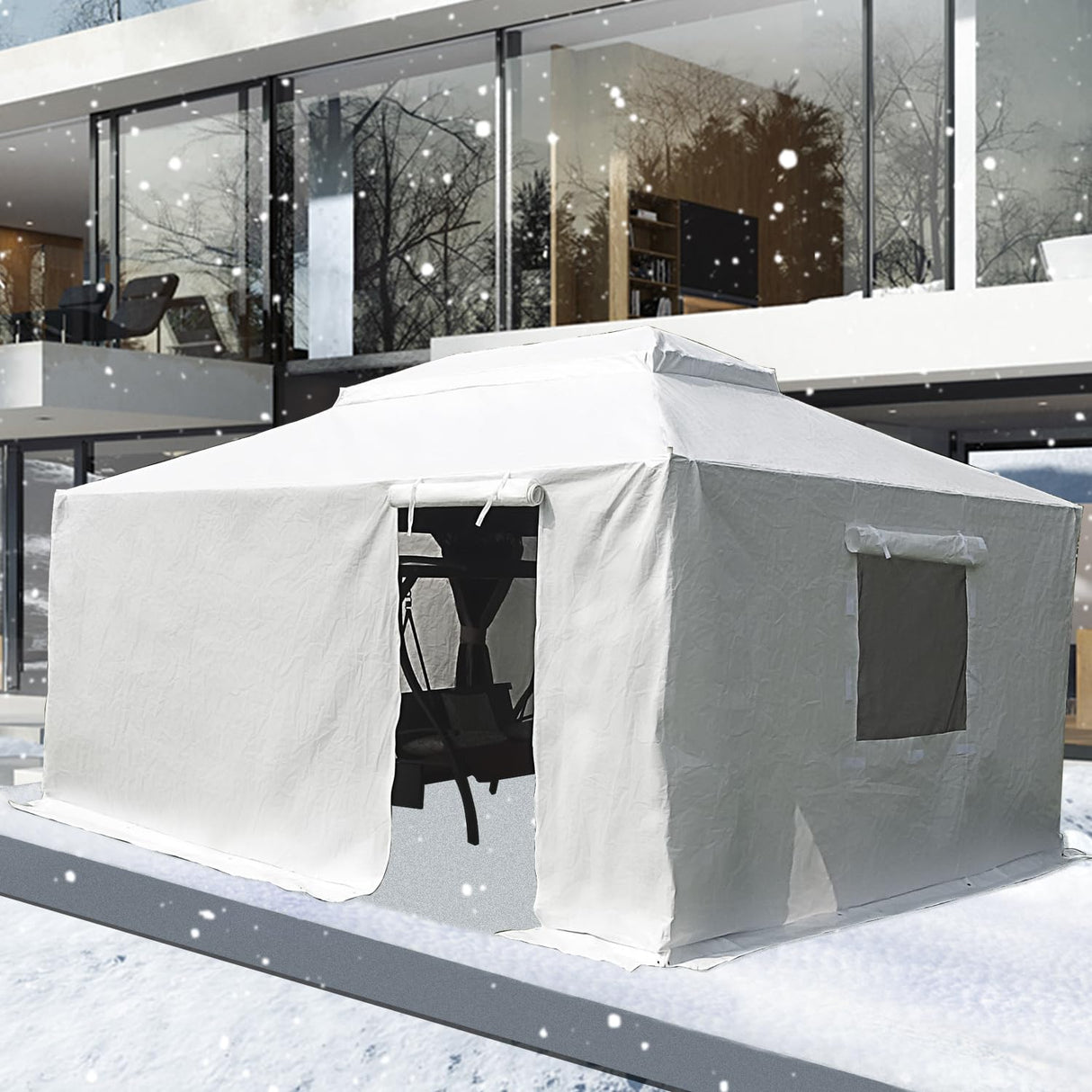 Domi 12' x 16' Universal Winter Gazebo Cover - All Season Waterproof Enclosed With Sidewalls & Ventilated Mesh Windows, All-Weather Outdoor for Hardtop Gazebos, White domi outdoor living