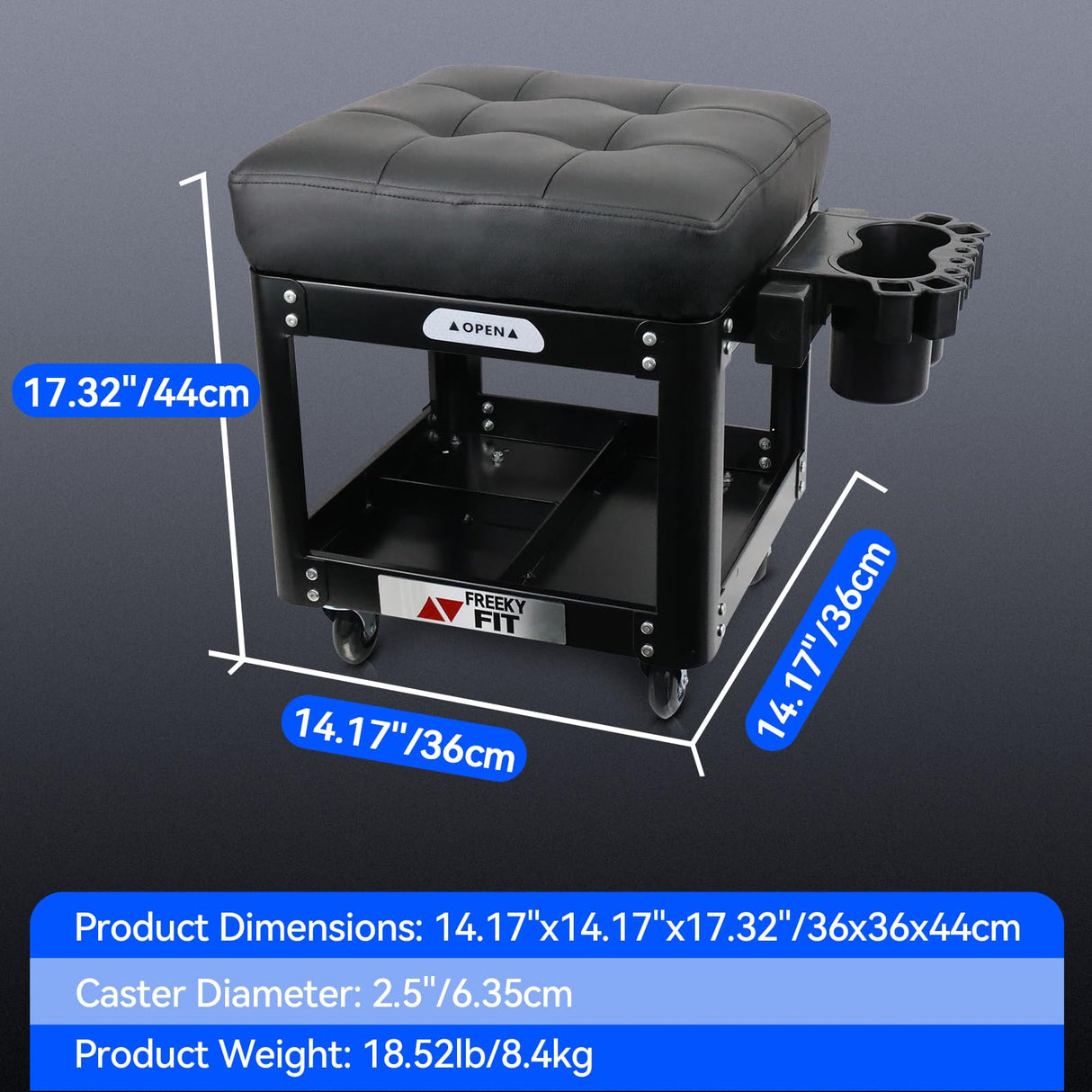 FreekyFit Rolling Creeper Garage/Shop Seat for Men, Padded Mechanics Stool with Tool Tray Storage for Garage, Rolling Workshop Stool with Wheels, Auto Creeper Seat, 330 LBS Capacity, Heavy Duty, Black FreekyFit