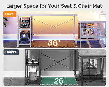 ODK 66" L Shaped Gaming Desk with Power Outlet and LED Lights, PC Gaming Table with USB Ports, Reversible L Shape Desk with Storage Shelves & Monitor Stand, Home Office Desk, Pure White
