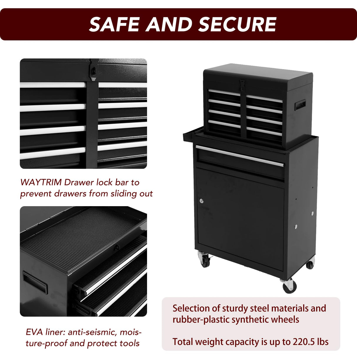 WAYTRIM 5-Drawer Rolling Tool Chest, Removable Tool Cabinet Box with Wheels and Drawers, Tool Cabinet Storage Box, Adjustable Shelf, Portable with Wheels and Lock for Warehouse, Repair Shop (Black) WAYTRIM