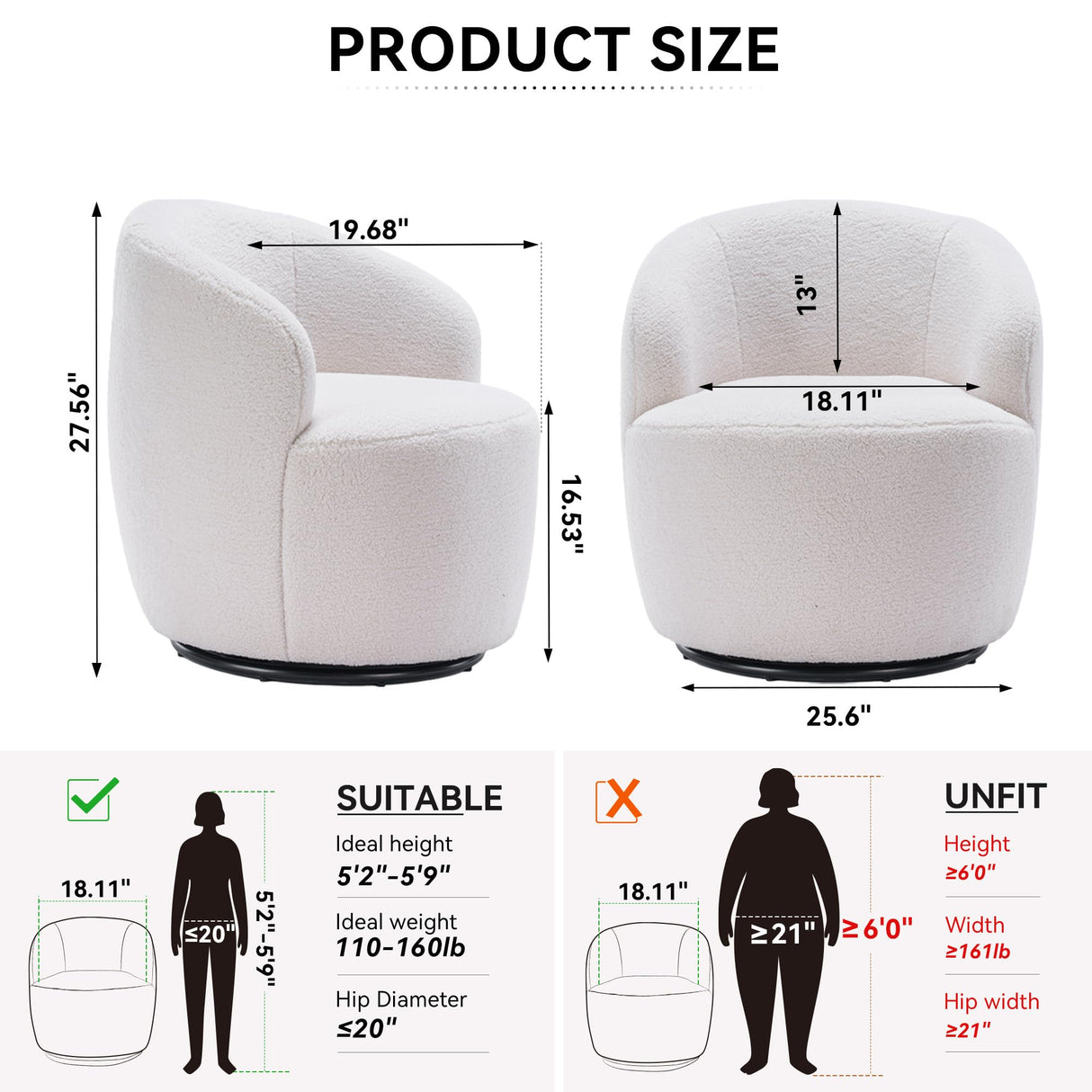 FOXHUNTER Swivel Barrel Chair, 360° Small Single Sofa Armchair Comfy Round Sofa Chair, Boucle Chairs Padded Armchair, Modern Round Accent Arm Chairs for Living Room Bedroom, Teddy Ivory FOXHUNTER