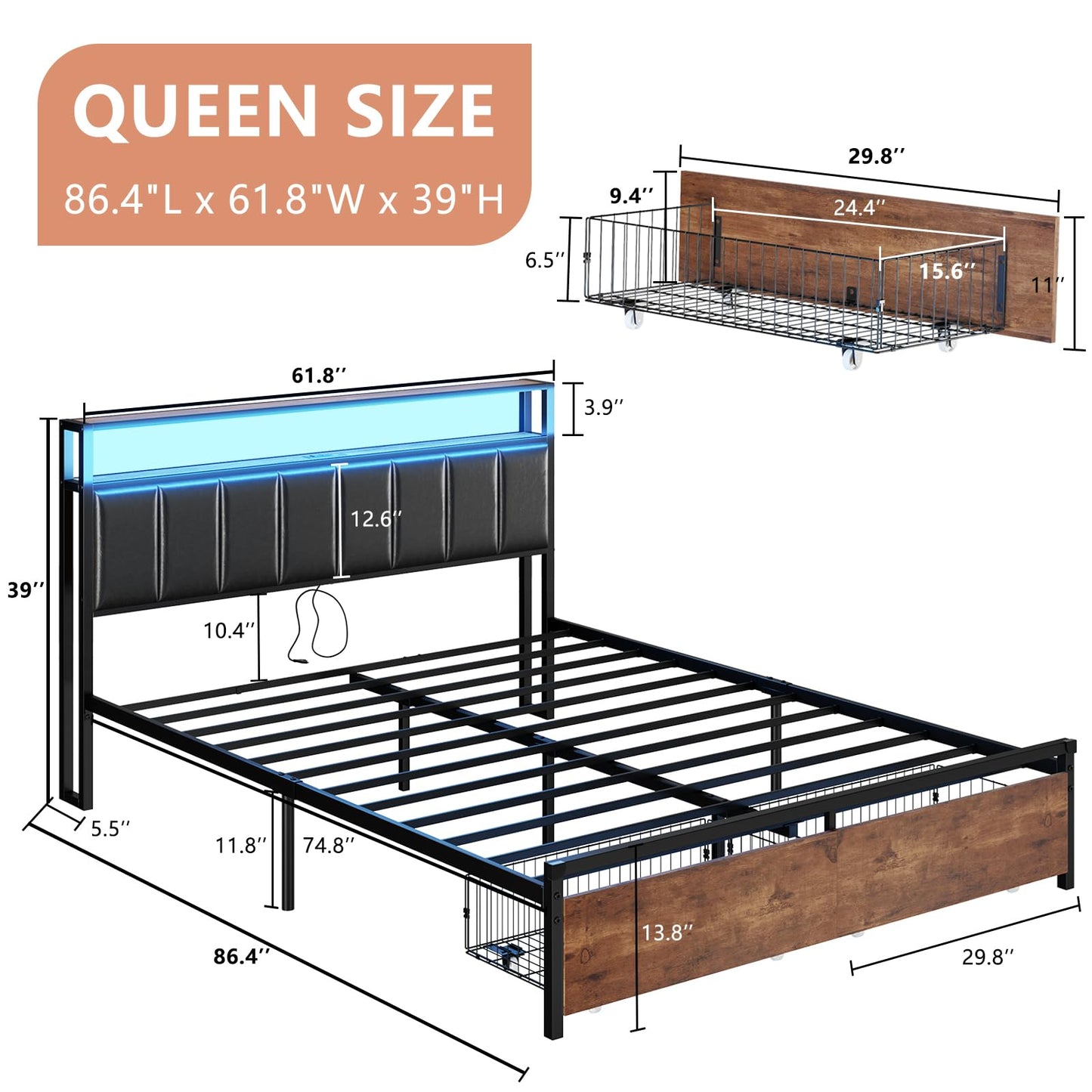 AMERLIFE Rustic Brown LED Platform Bed Frame with Storage Drawers & Charging Station Headboard - WoodArtSupply