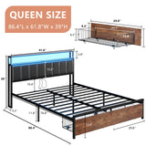 AMERLIFE Rustic Brown LED Platform Bed Frame with Storage Drawers & Charging Station Headboard AMERLIFE