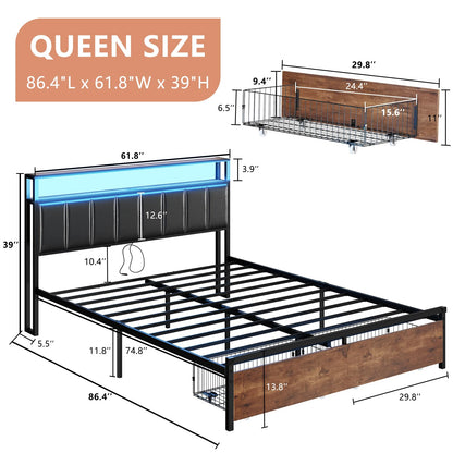 AMERLIFE Rustic Brown LED Platform Bed Frame with Storage Drawers & Charging Station Headboard - WoodArtSupply