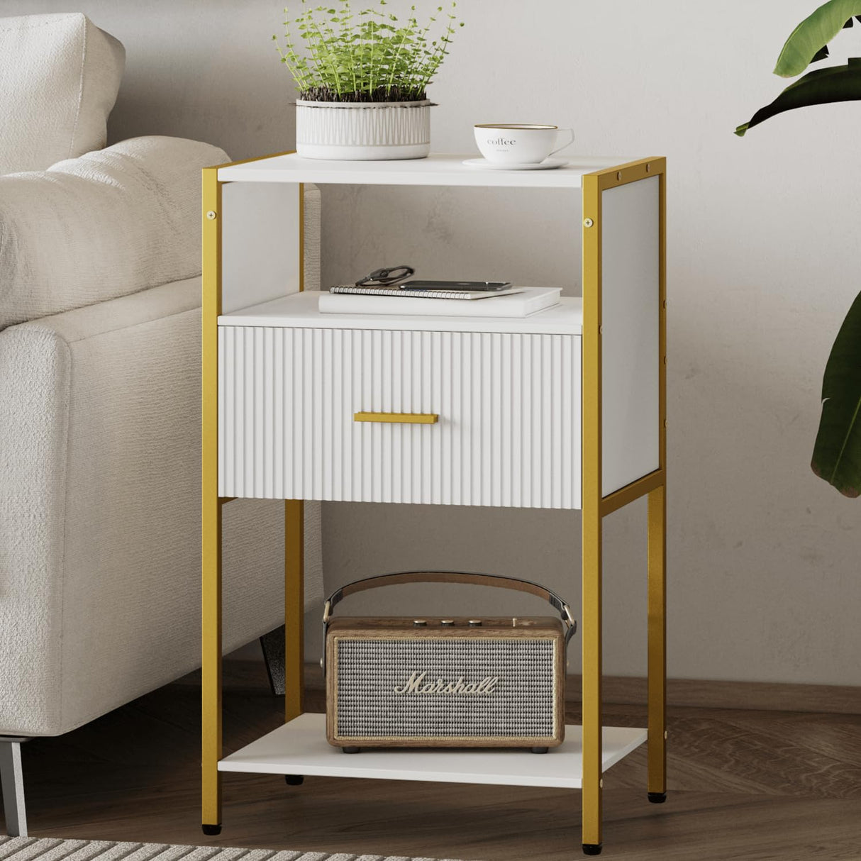 JOONEE Modern Nightstand, White and Gold Side Table with Drawer, Fluted Bedside Table with 3 Storage Shelves for Living Room, Bedroom JOONEE