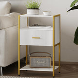 JOONEE Modern Nightstand, White and Gold Side Table with Drawer, Fluted Bedside Table with 3 Storage Shelves for Living Room, Bedroom JOONEE