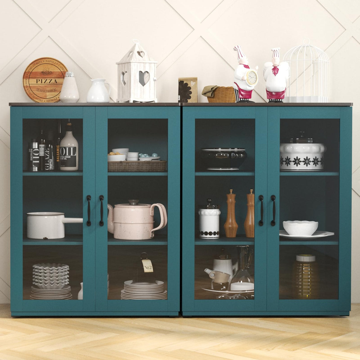 Vrullu Storage Cabinet, Green Free Standing Buffet Cabinet, Accent Kitchen Cabinet with Tempered Glass Doors, Wood Display Cabinet with Adjustable Shelf, Curio Cabinet for Living Room, Hallway Vrullu