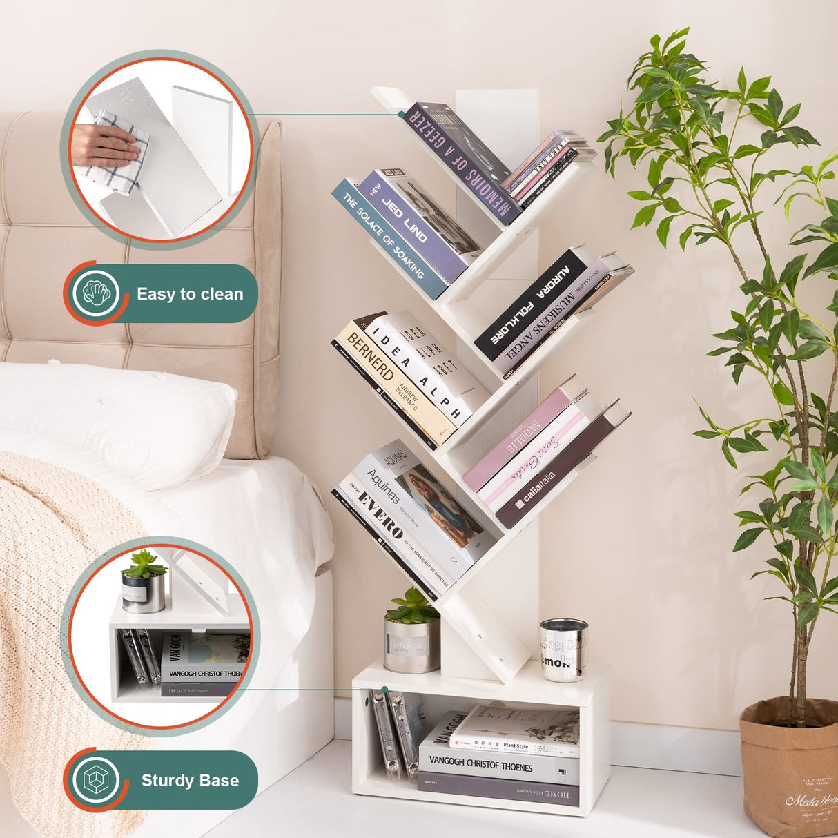 Yoobure Tree Bookshelf - 6 Shelf Retro Floor Standing Bookcase, Tall Wood Book Storage Rack for CDs/Movies/Books, Utility Book Organizer Shelves for Bedroom, Living Room, Home Office, White Yoobure