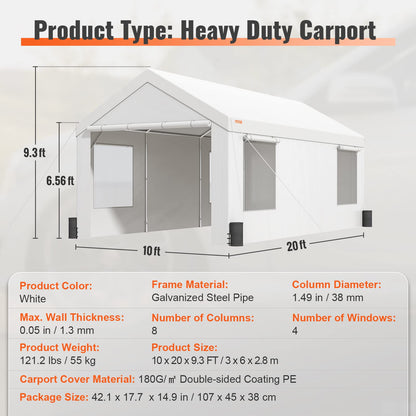 VEVOR Heavy Duty Carport, 10x20ft Car Canopy, Portable Garage with Roll-up Ventilated Windows & Removable Sidewalls, UV Resistant Waterproof All-Season Tarp for SUV, F150, Car, Truck, Boat