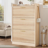 Shoe Cabinet Storage for Entryway Hidden Shoes Storage Cabinet with 3 Flip Drawers, Boho Fluted Shoe Rack Cabinet Large Tall Free Standing Shoe Organizer Cabinet for Foyer, Hallway (Natural Wood) Jocoevol