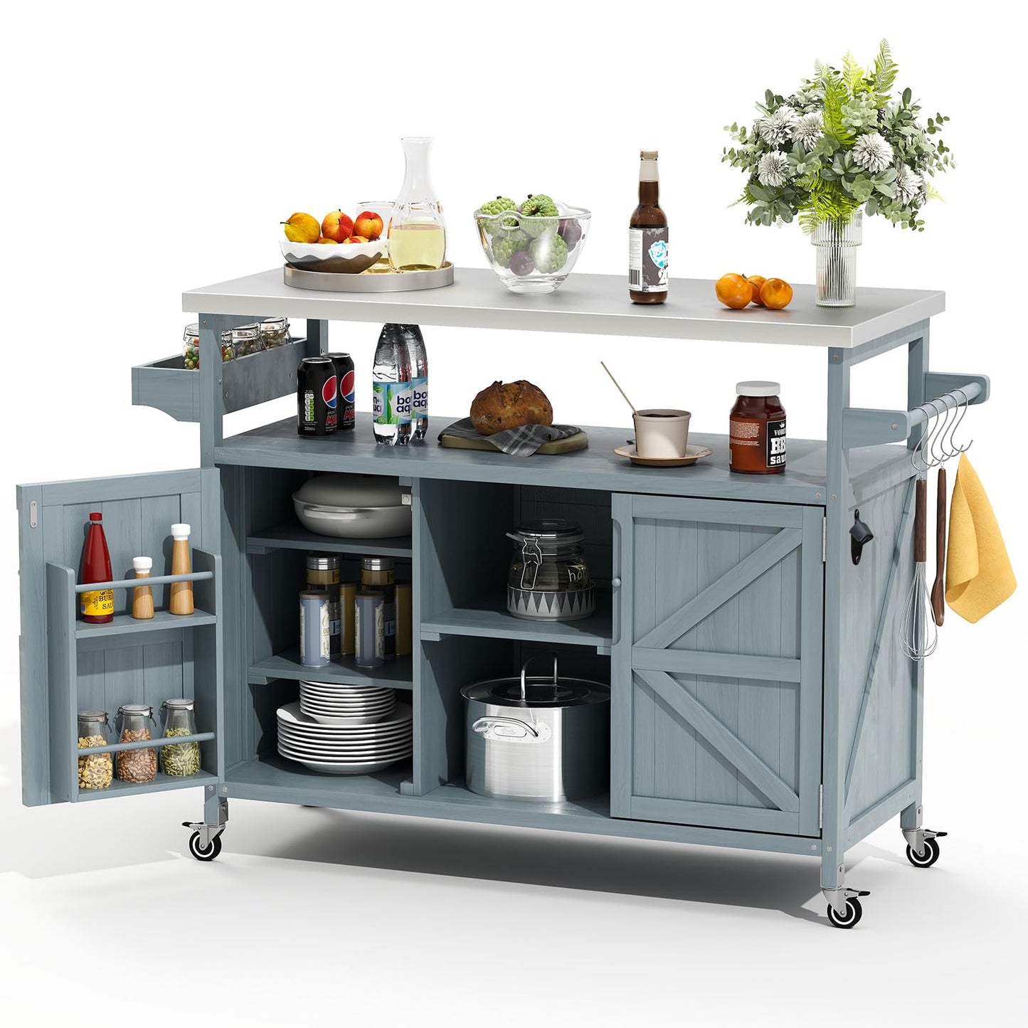 Zevemomo Outdoor Grill Cart, Stainless Steel Tabletop Outdoor Kitchen Island, Solid Wood Outdoor Buffet Cabinet with Lockable Wheels for Grilling, Gray-Blue