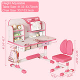 Kids Study Table and Chair Set, Adjustable Art Desk Girls Desk for Bedroom, Study Table with Large Writing Board Bookshelf and Drawer (Pink) Bidbory