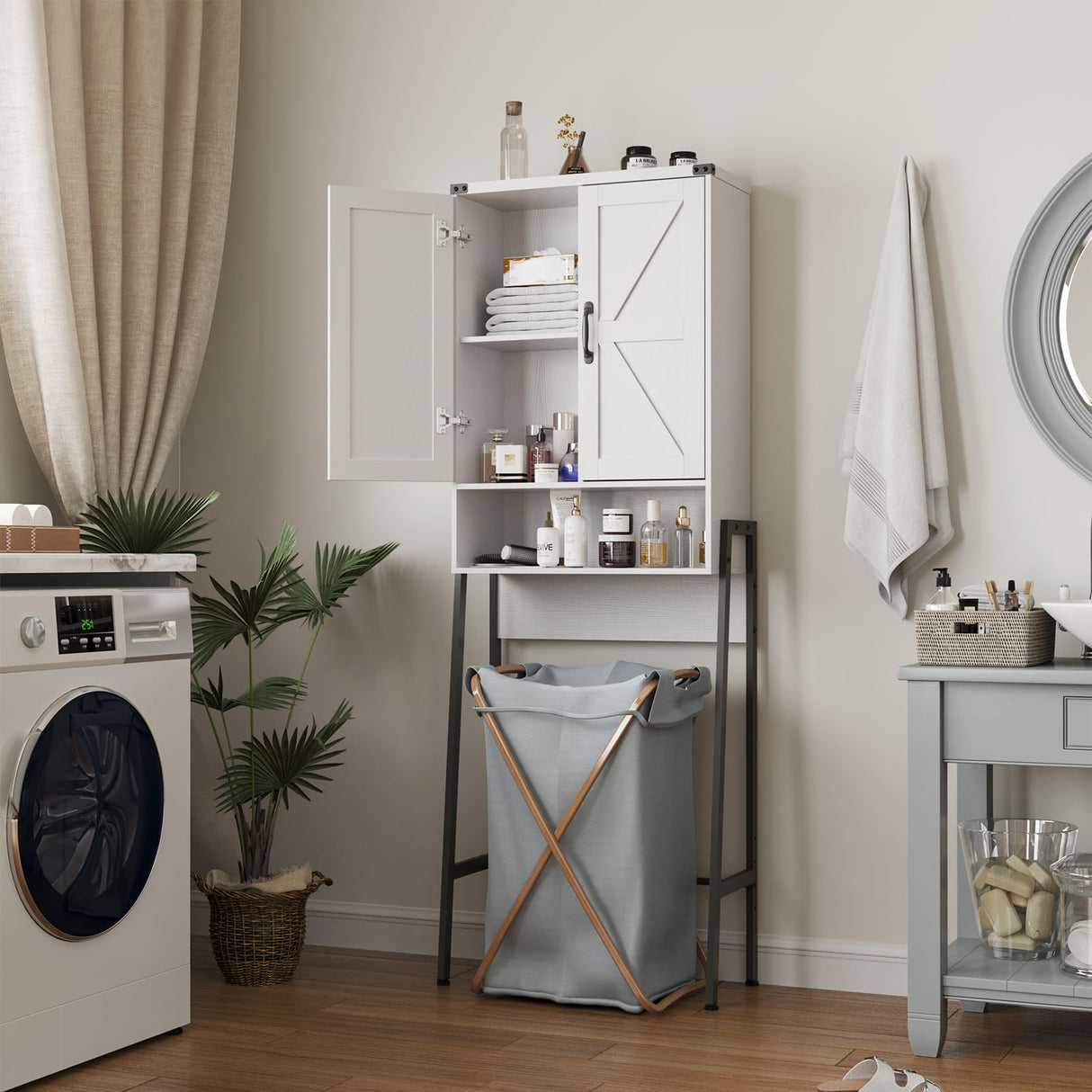 Over Toilet Storage with 2-Door Design Over The Toilet Storage Cabinet with Shelves Bathroom Organizers and Storage with Anti-Tip Device Over Toilet Organizer for Bathroom,Restroom,Laundry White Vabches